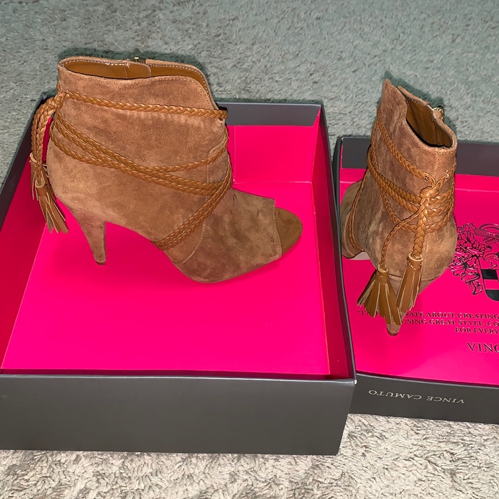 Beautiful rust colored suede open toe boot. Never worn outside.  About 2 1/2” H.